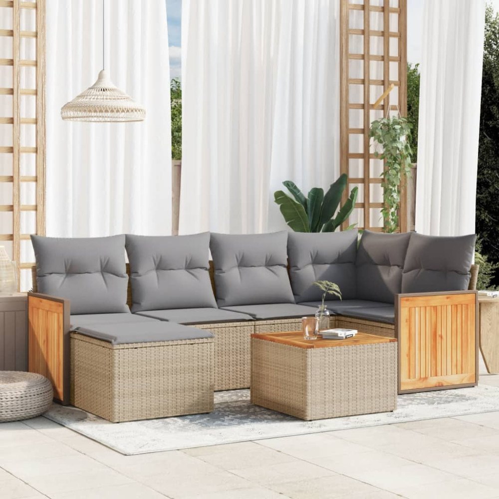 vidaXL Matgrupp för trädgården med dynor 7 delar beige konstrotting