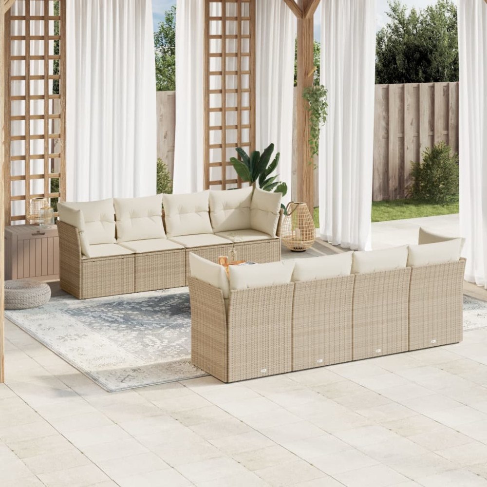 vidaXL Soffgrupp för trädgården med dynor 9 delar beige konstrotting