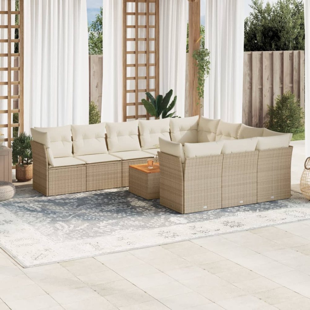 vidaXL Loungegrupp för trädgården m. dynor 11 delar beige konstrotting