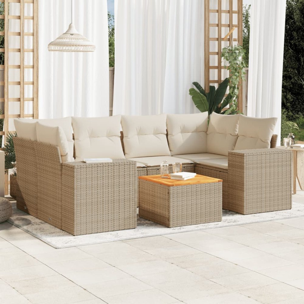 vidaXL Matgrupp för trädgården med dynor 7 delar beige konstrotting