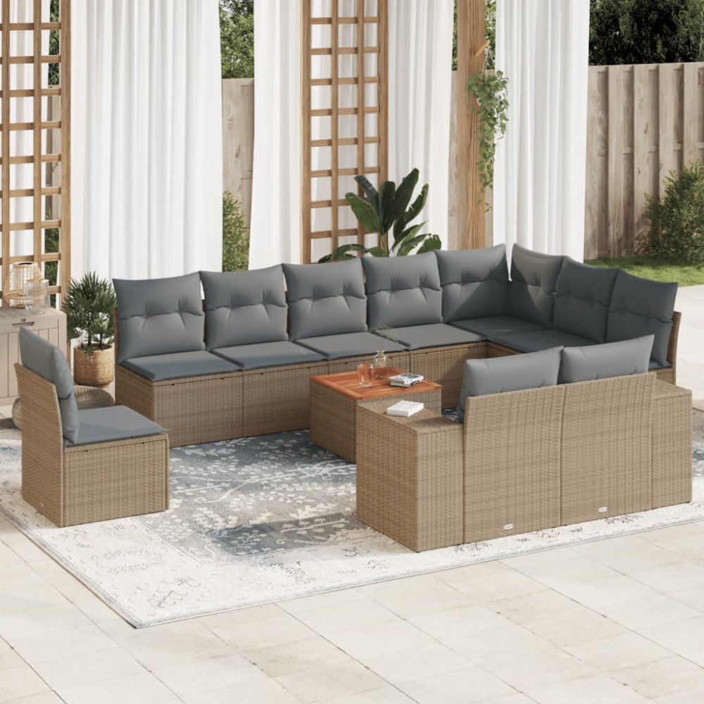 vidaXL Loungegrupp för trädgården m. dynor 11 delar beige konstrotting