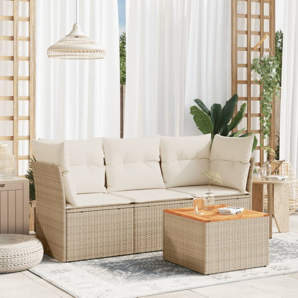 vidaXL Soffgrupp för trädgård med dynor 4 delar beige konstrotting