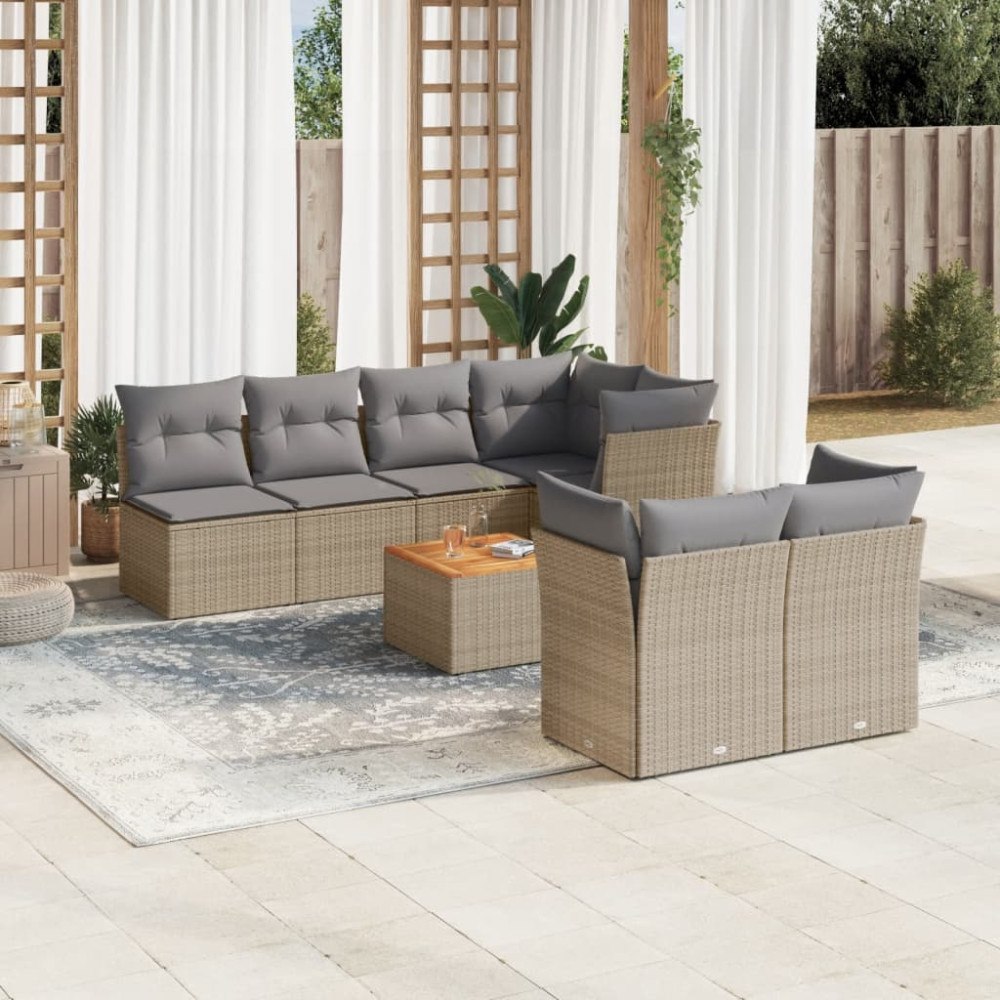 vidaXL Matgrupp för trädgården med dynor 8 delar beige konstrotting
