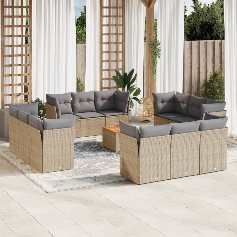 vidaXL Soffgrupp för trädgården med dynor 13 delar beige konstrotting