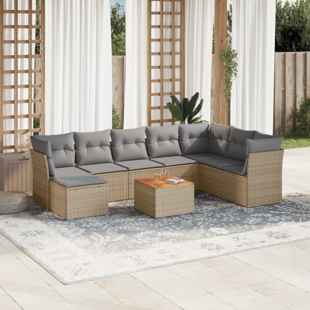 vidaXL Soffgrupp för trädgården med dynor 9 delar beige konstrotting