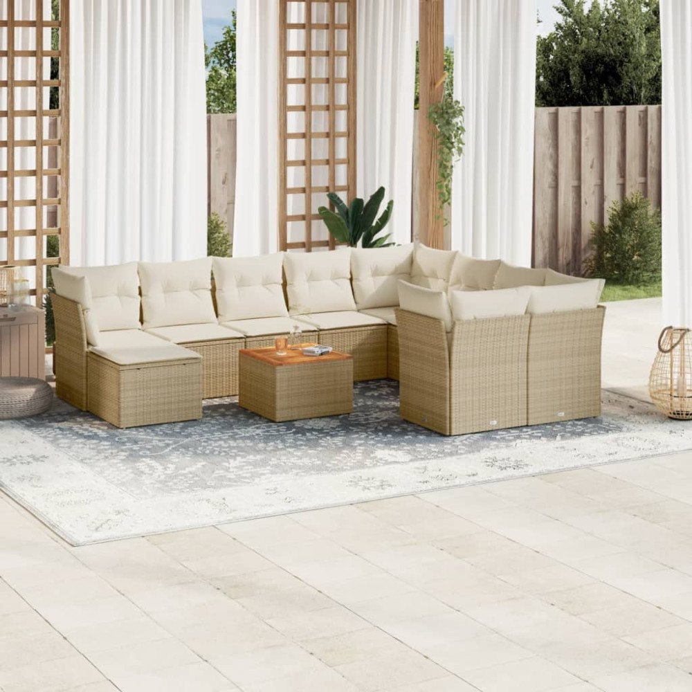 vidaXL Loungegrupp för trädgården m. dynor 11 delar beige konstrotting