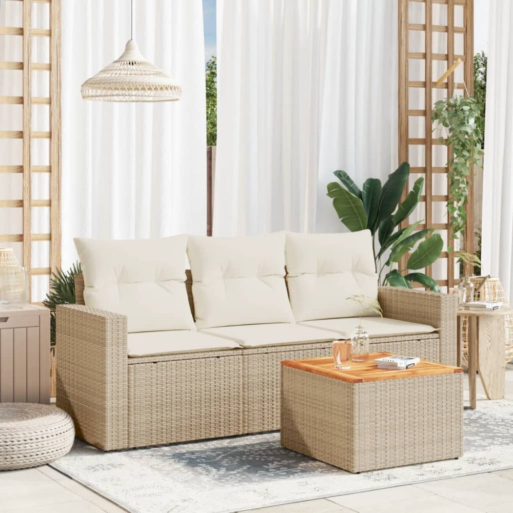 vidaXL Soffgrupp för trädgård med dynor 4 delar beige konstrotting