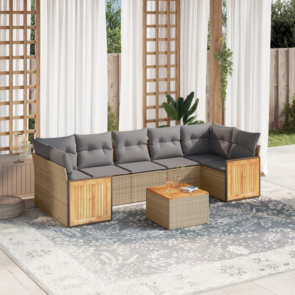vidaXL Matgrupp för trädgården med dynor 8 delar beige konstrotting