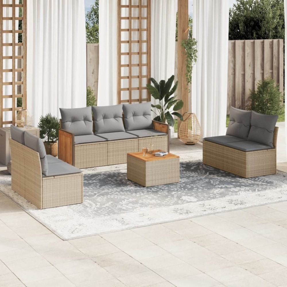 vidaXL Matgrupp för trädgården med dynor 8 delar beige konstrotting