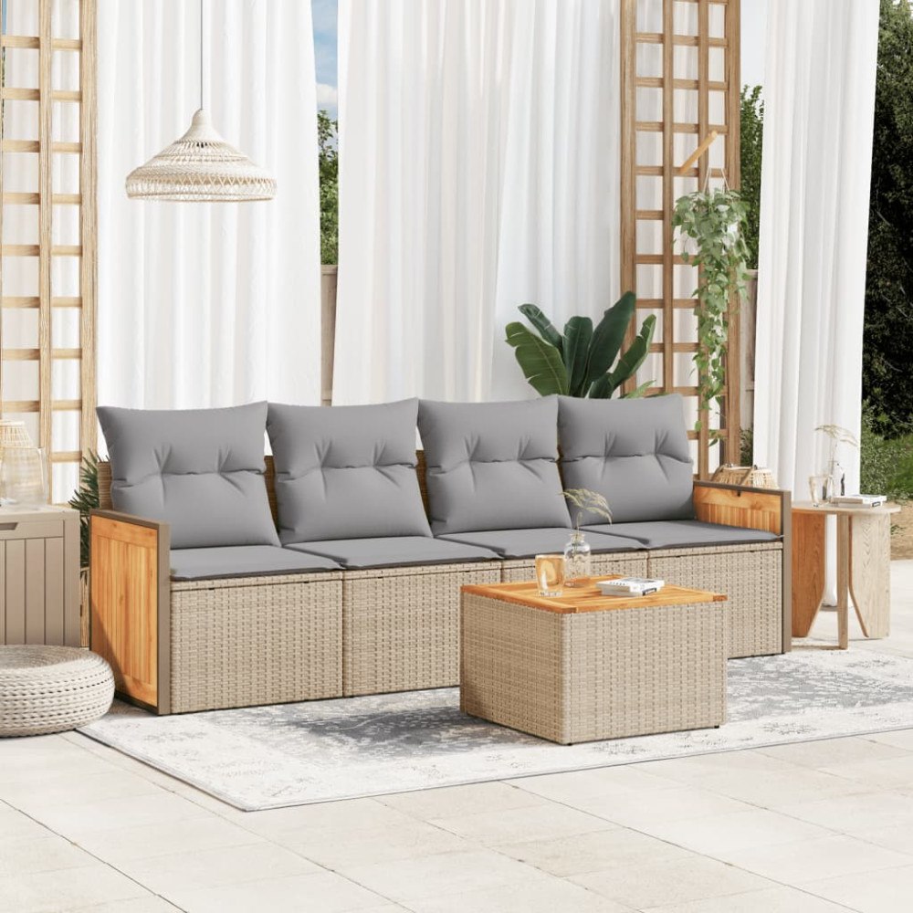 vidaXL Soffgrupp för trädgården med dynor 5 delar beige konstrotting
