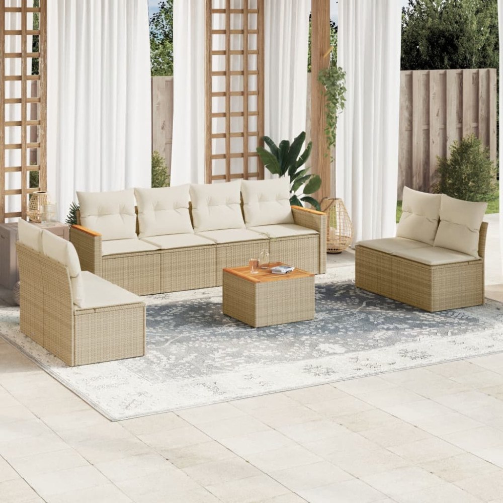 vidaXL Soffgrupp för trädgården med dynor 9 delar beige konstrotting