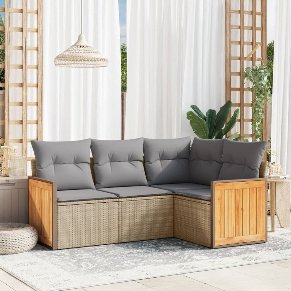 vidaXL Soffgrupp för trädgård med dynor 4 delar beige konstrotting