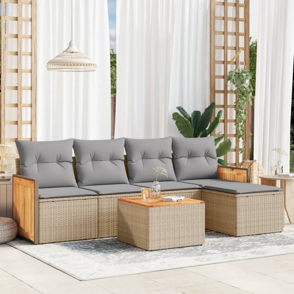 vidaXL Soffgrupp för trädgården med dynor 6 delar beige konstrotting