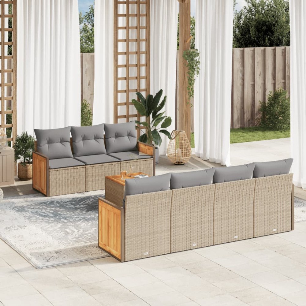 vidaXL Matgrupp för trädgården med dynor 8 delar beige konstrotting
