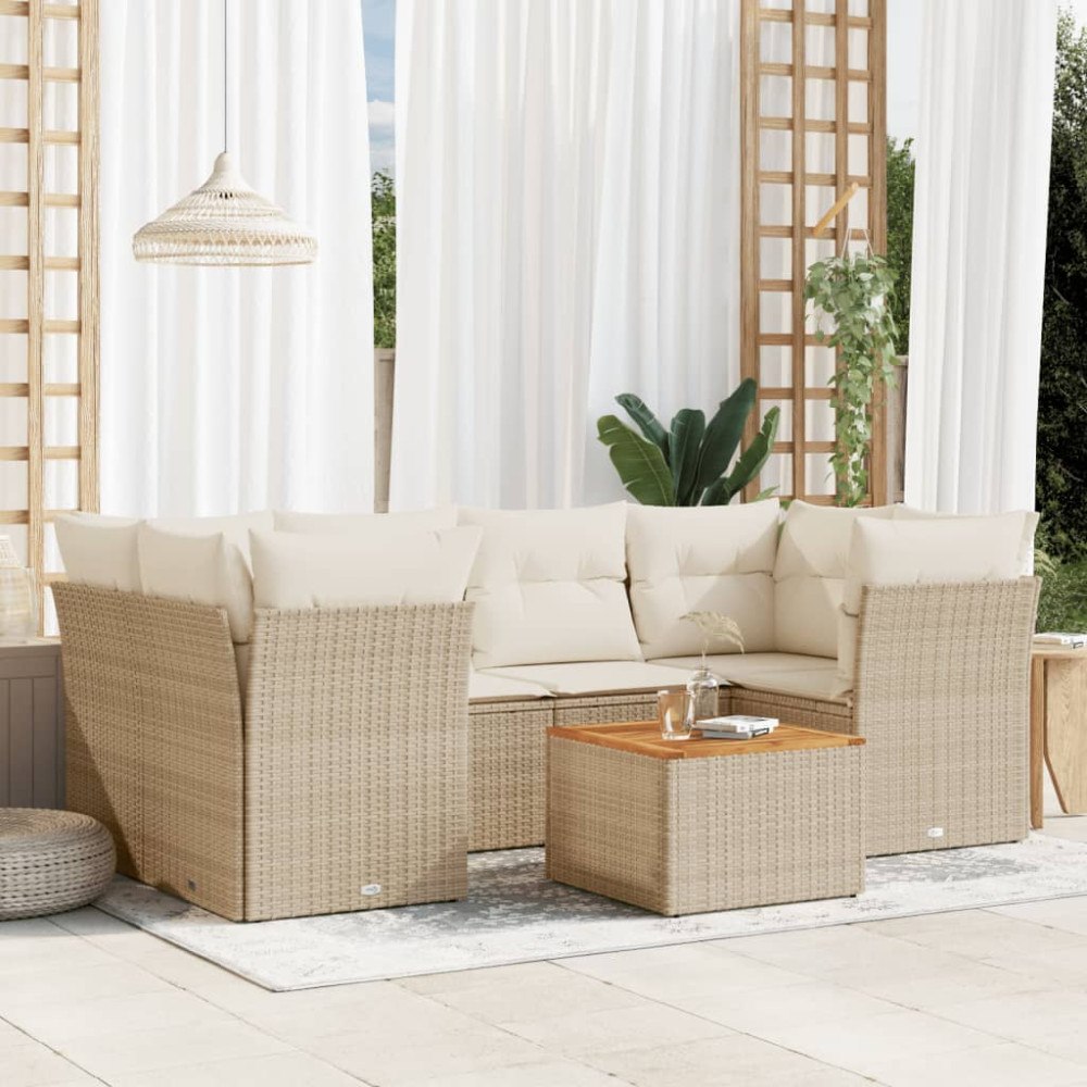 vidaXL Matgrupp för trädgården med dynor 7 delar beige konstrotting