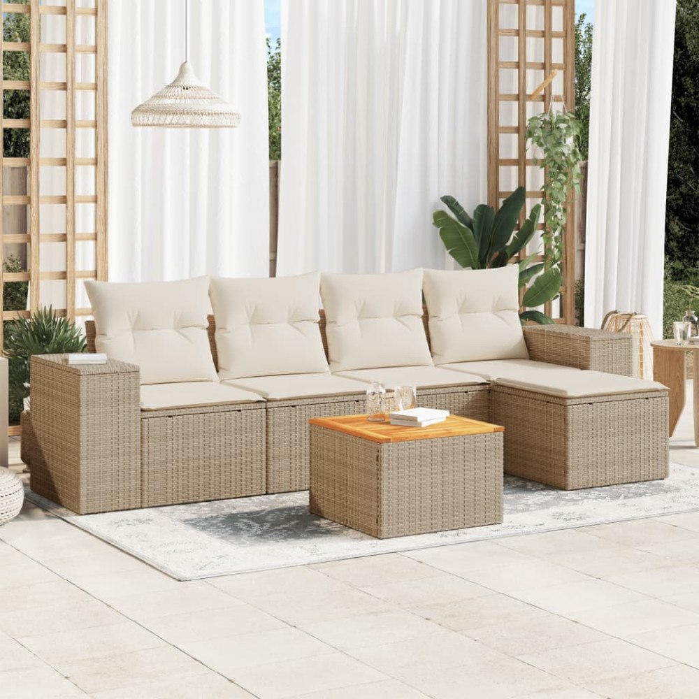 vidaXL Soffgrupp för trädgården med dynor 6 delar beige konstrotting