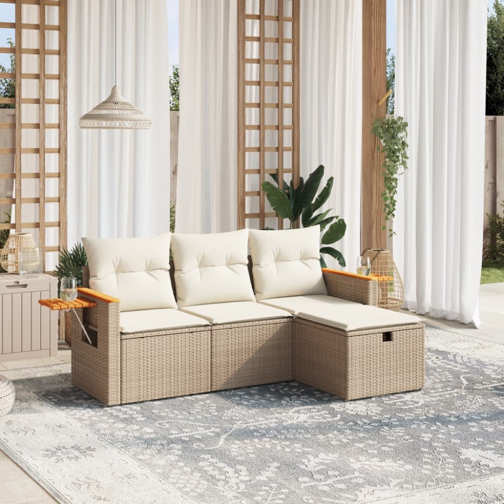 vidaXL Soffgrupp för trädgård med dynor 4 delar beige konstrotting