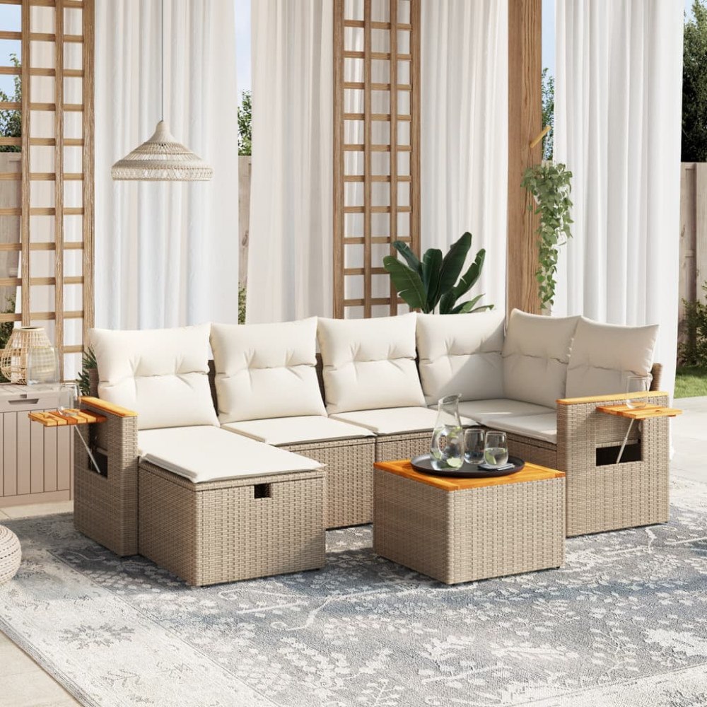 vidaXL Matgrupp för trädgården med dynor 7 delar beige konstrotting