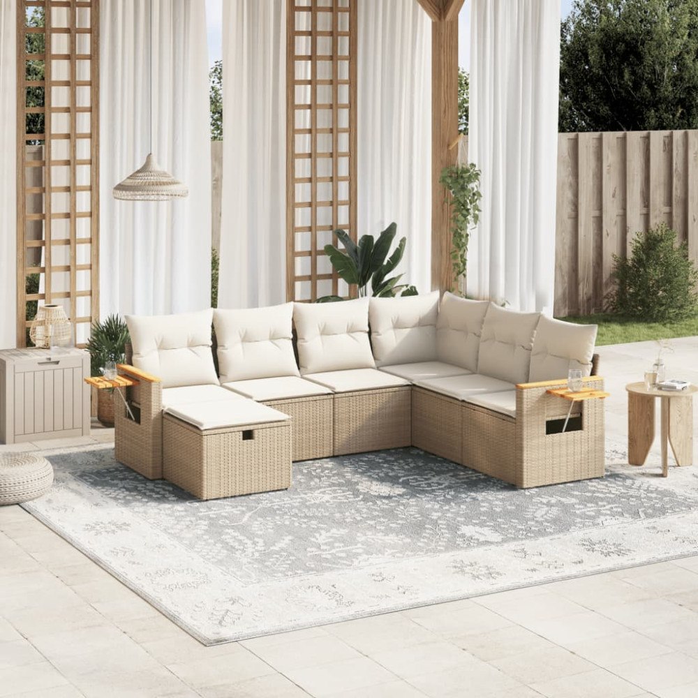 vidaXL Matgrupp för trädgården med dynor 7 delar beige konstrotting