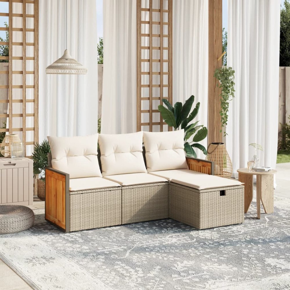 vidaXL Soffgrupp för trädgård med dynor 4 delar beige konstrotting
