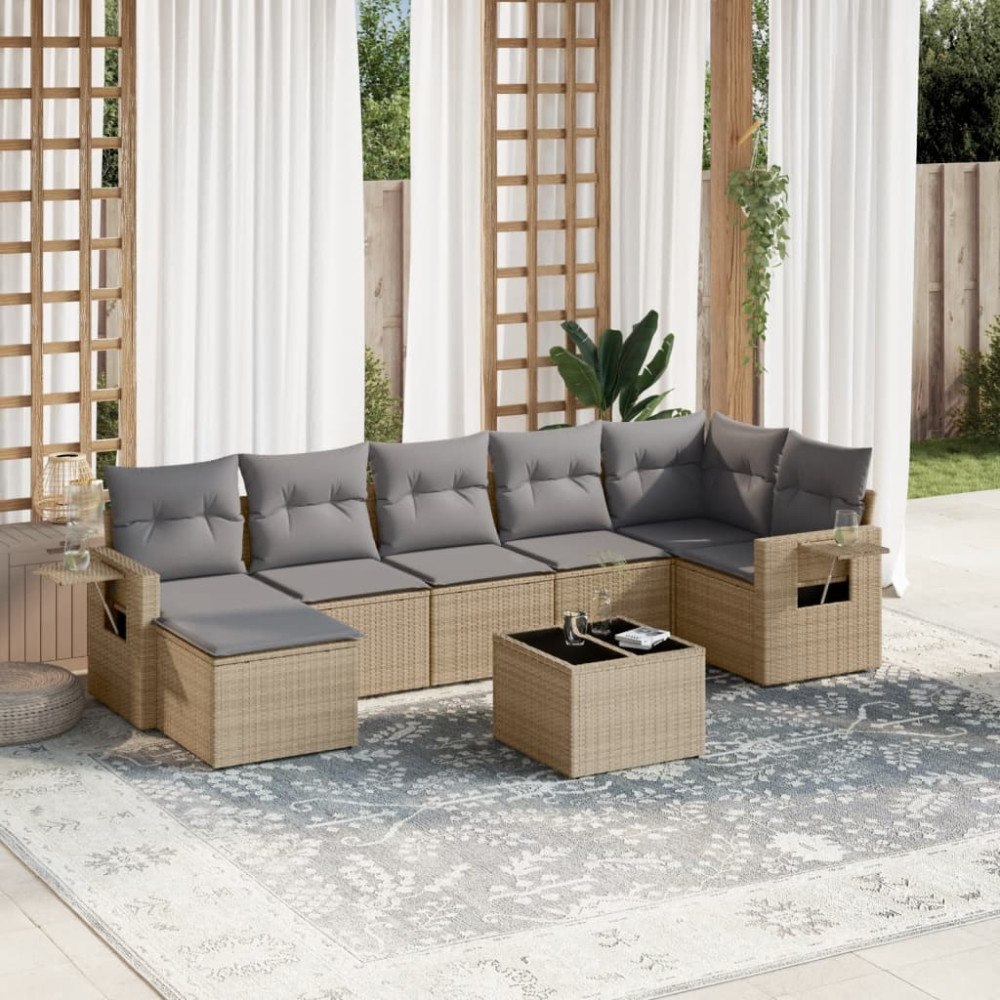 vidaXL Matgrupp för trädgården med dynor 8 delar beige konstrotting
