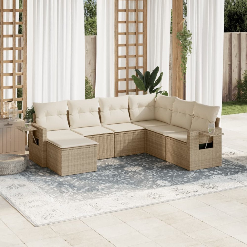 vidaXL Matgrupp för trädgården med dynor 7 delar beige konstrotting