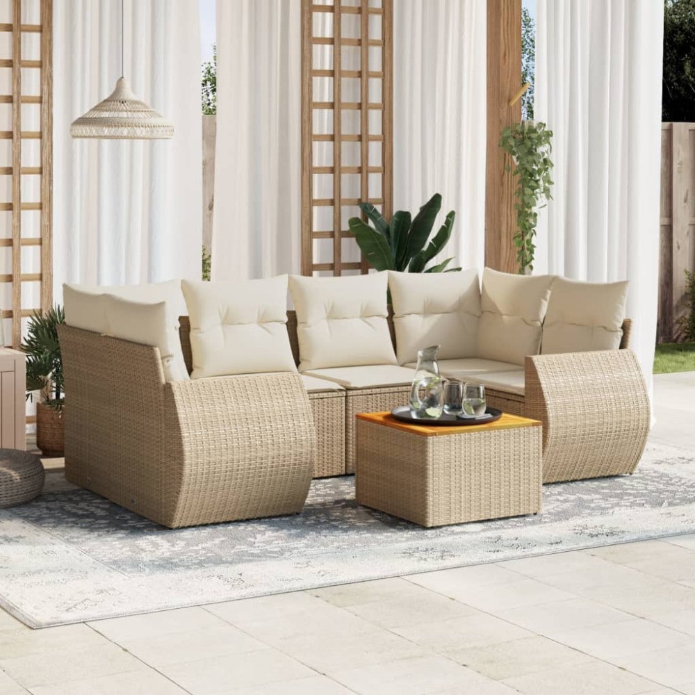 vidaXL Matgrupp för trädgården med dynor 7 delar beige konstrotting