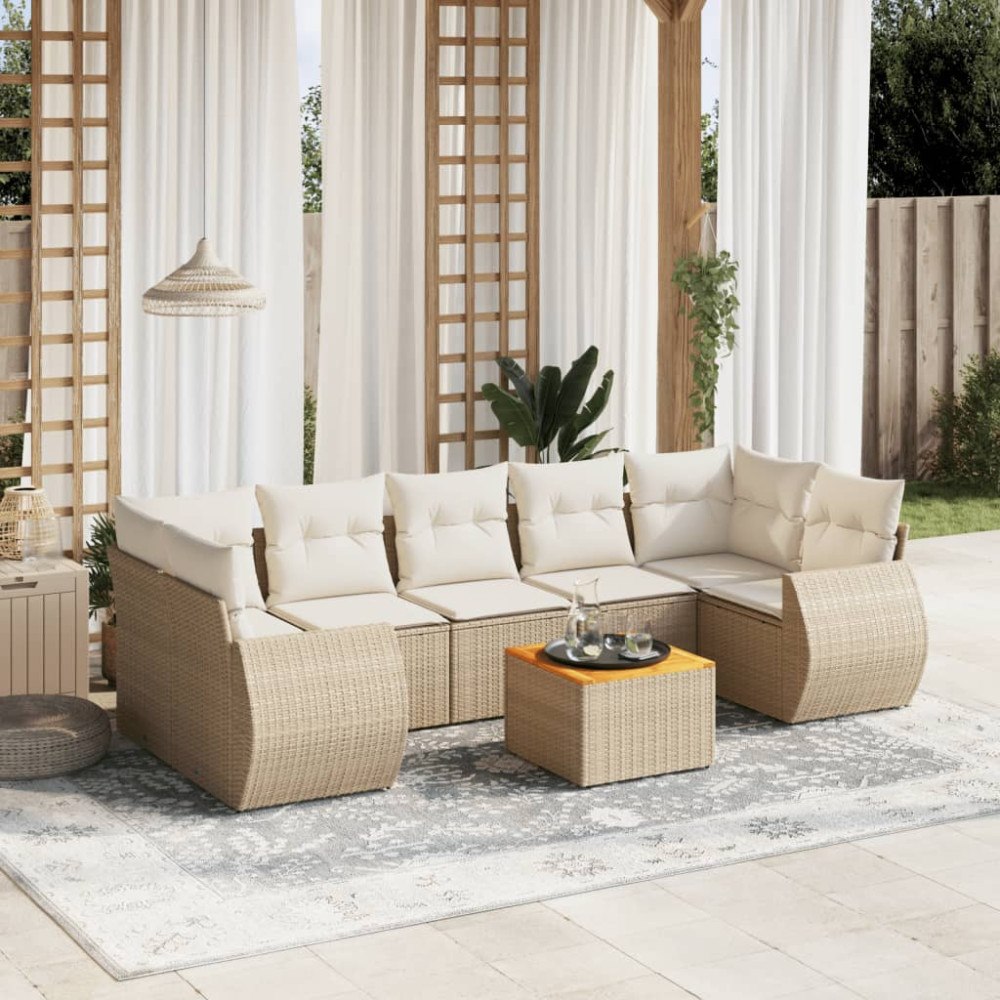 vidaXL Matgrupp för trädgården med dynor 8 delar beige konstrotting