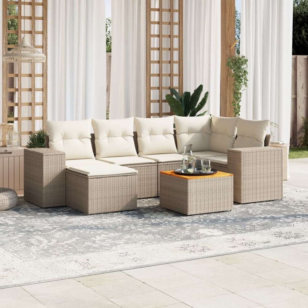 vidaXL Matgrupp för trädgården med dynor 7 delar beige konstrotting