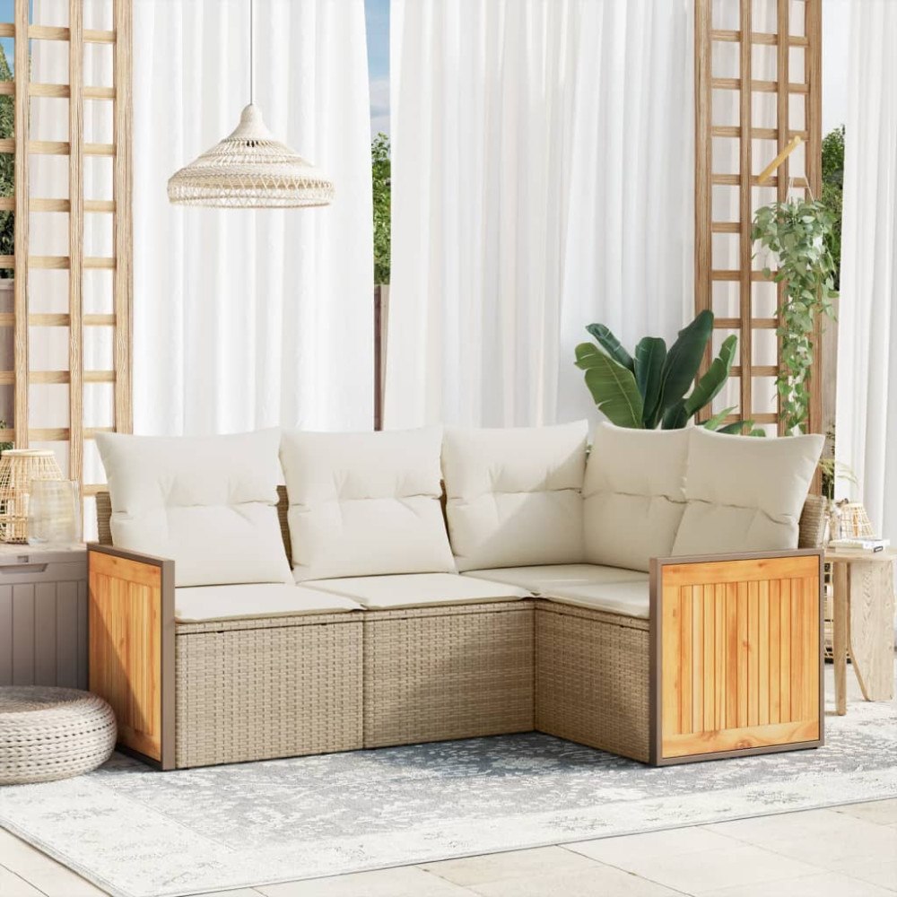 vidaXL Soffgrupp för trädgård med dynor 4 delar beige konstrotting