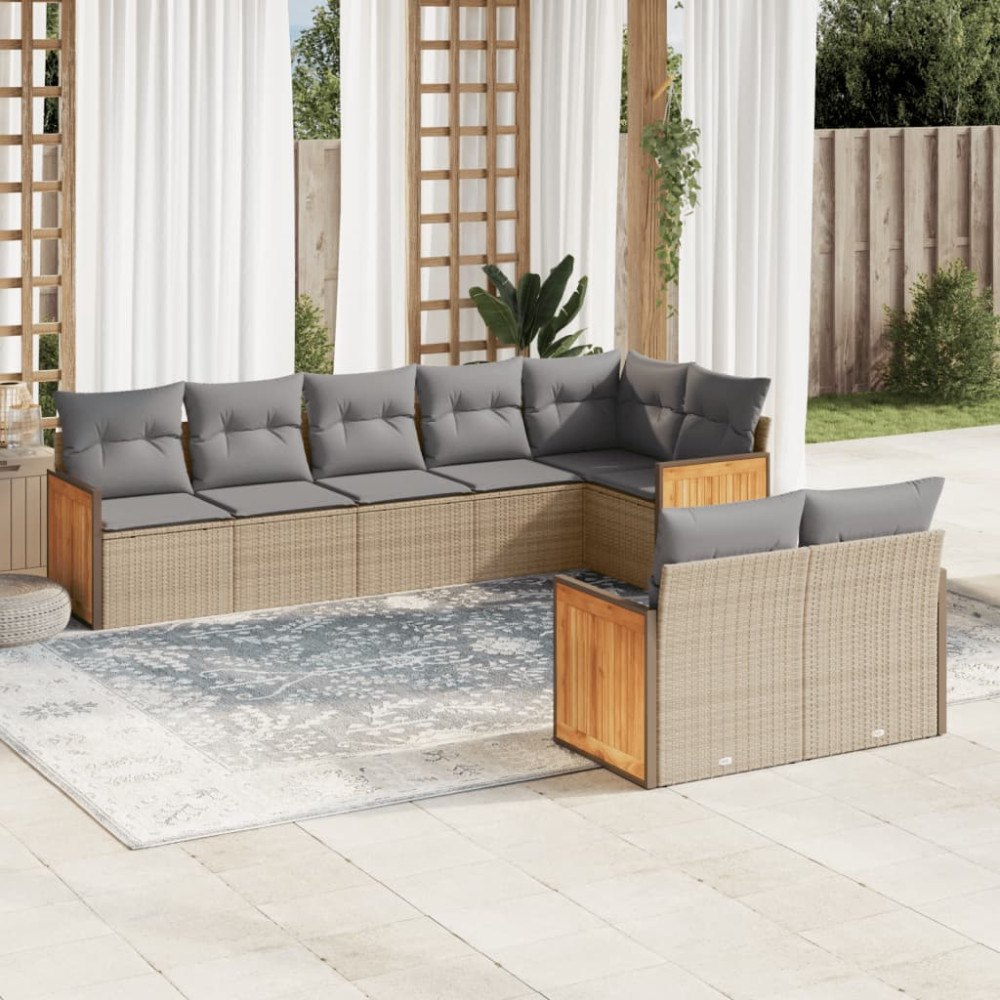 vidaXL Matgrupp för trädgården med dynor 8 delar beige konstrotting