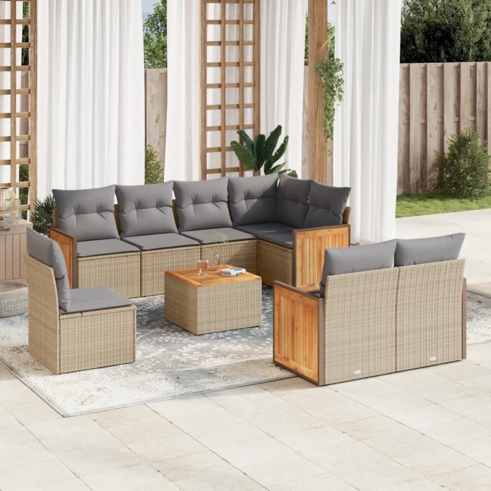 vidaXL Soffgrupp för trädgården med dynor 9 delar beige konstrotting