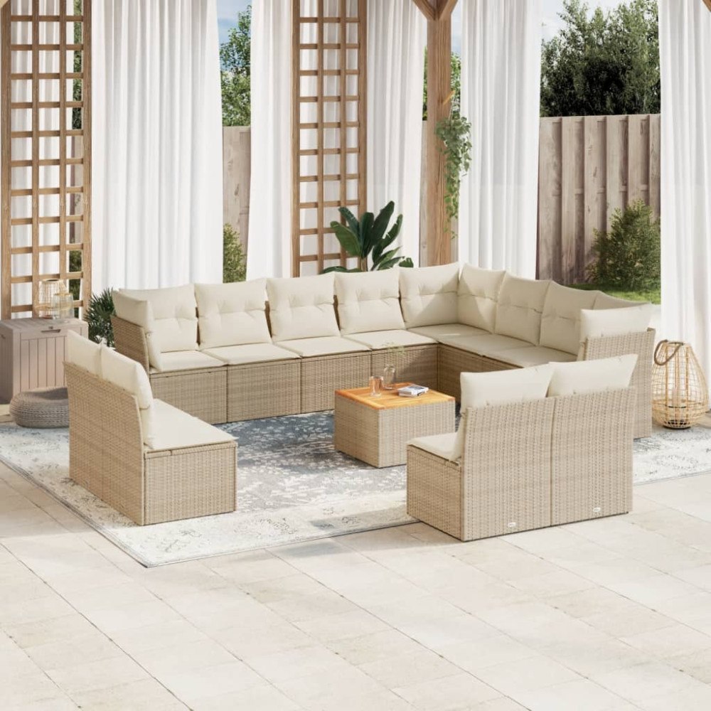 vidaXL Soffgrupp för trädgården med dynor 13 delar beige konstrotting