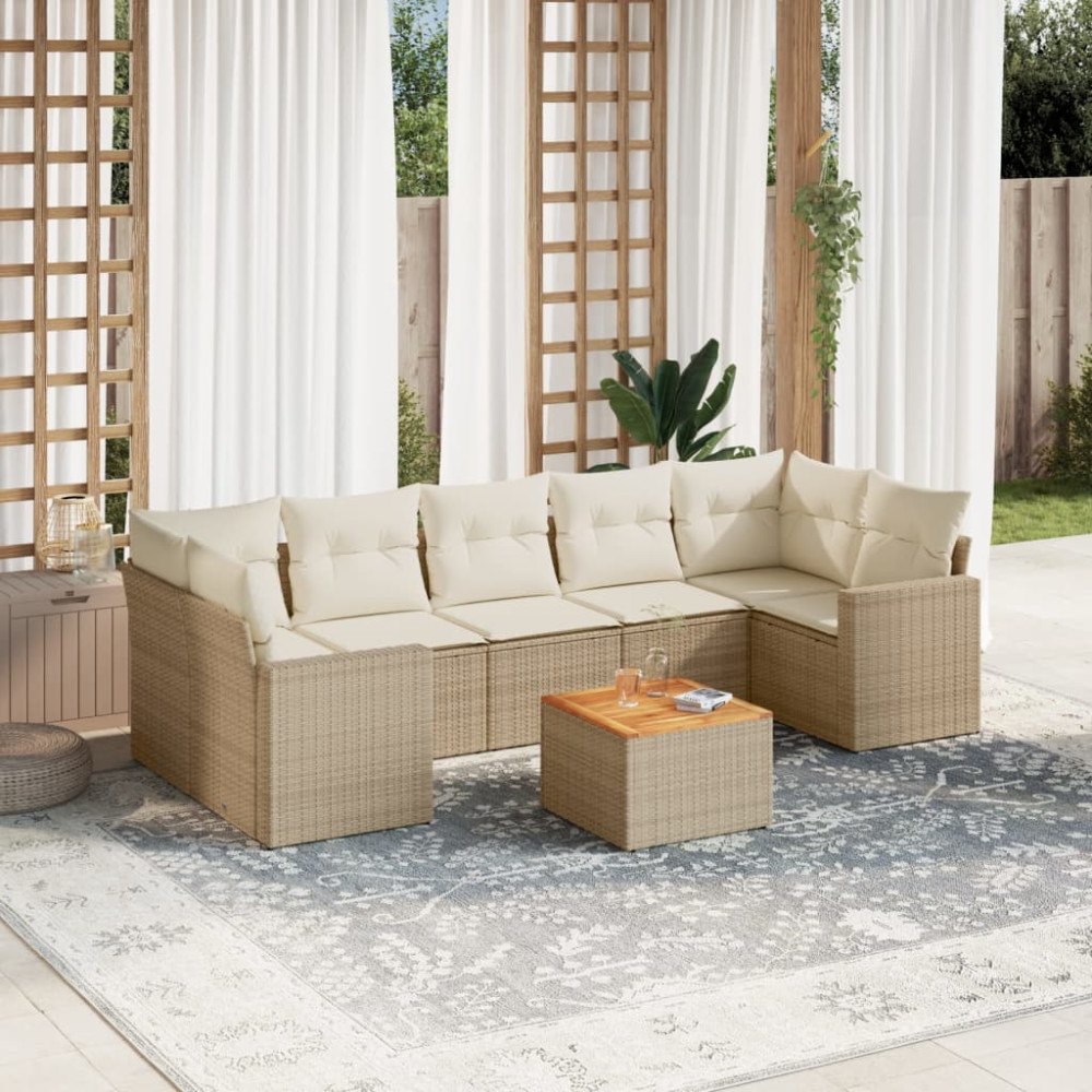 vidaXL Matgrupp för trädgården med dynor 8 delar beige konstrotting
