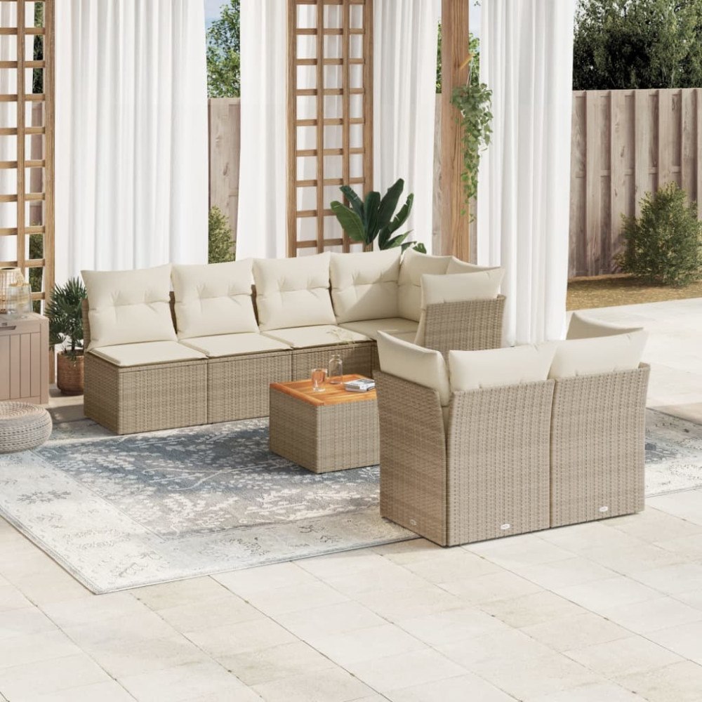 vidaXL Matgrupp för trädgården med dynor 8 delar beige konstrotting