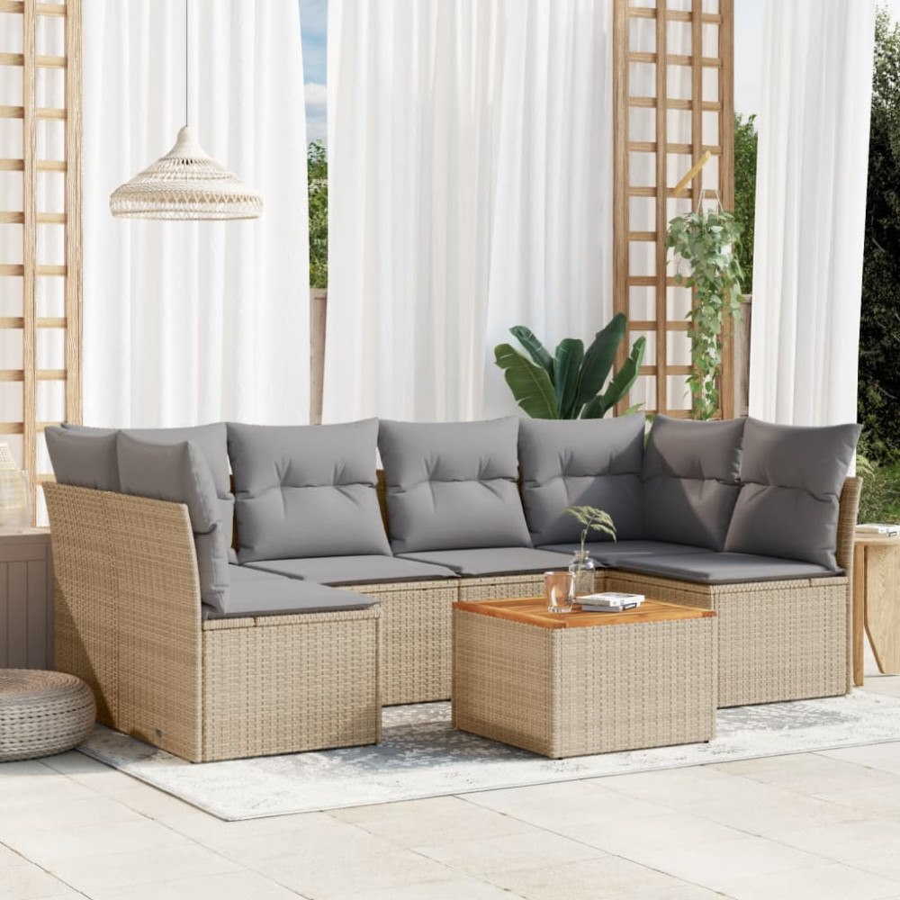 vidaXL Matgrupp för trädgården med dynor 7 delar beige konstrotting