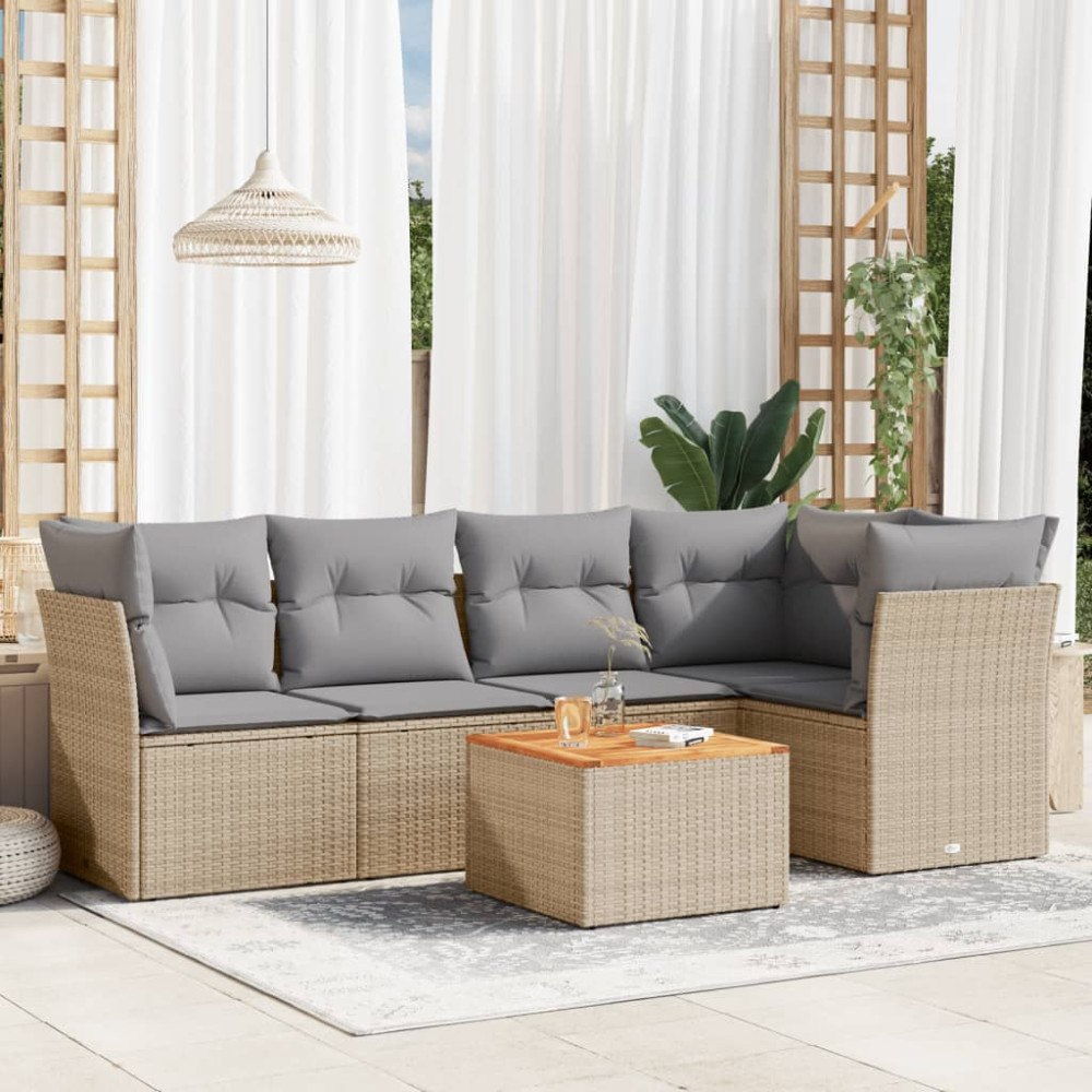 vidaXL Soffgrupp för trädgården med dynor 6 delar beige konstrotting