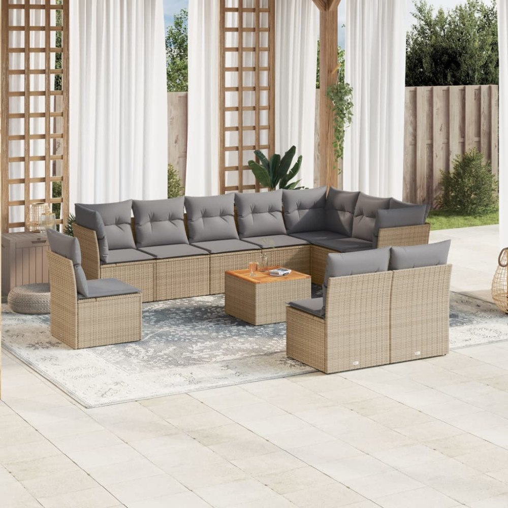 vidaXL Loungegrupp för trädgården m. dynor 11 delar beige konstrotting