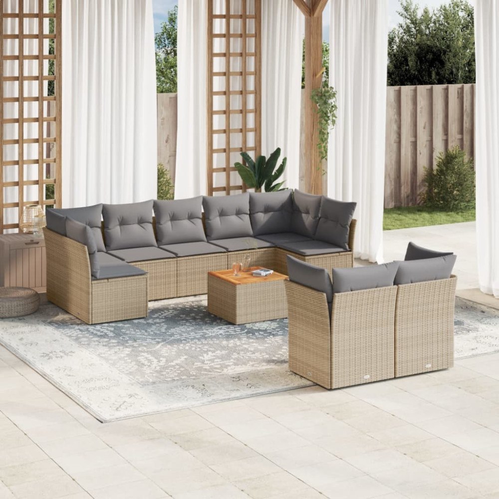 vidaXL Soffgrupp för trädgård med dynor 10 delar beige konstrotting