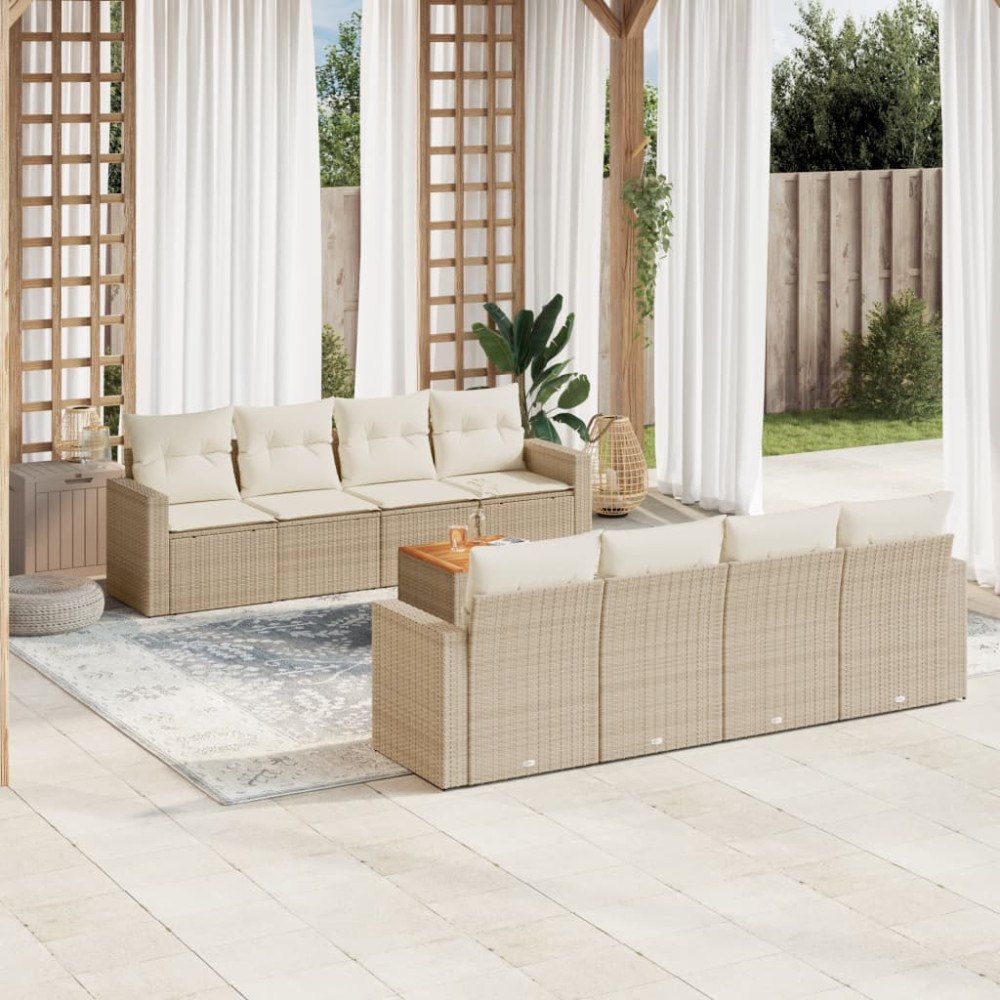 vidaXL Soffgrupp för trädgården med dynor 9 delar beige konstrotting