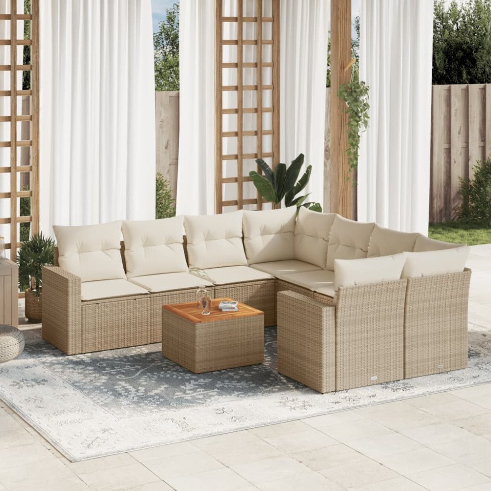 vidaXL Soffgrupp för trädgården med dynor 9 delar beige konstrotting