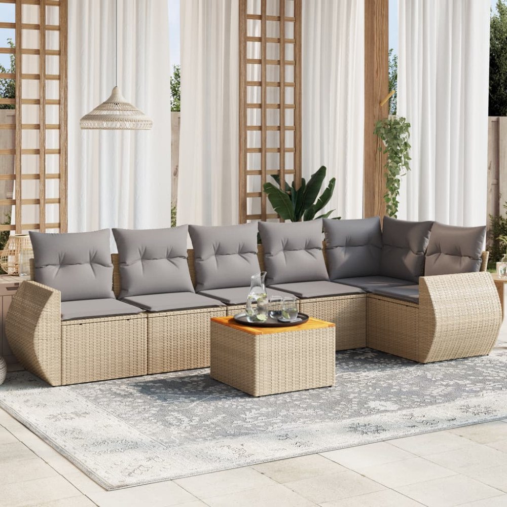 vidaXL Matgrupp för trädgården med dynor 7 delar beige konstrotting