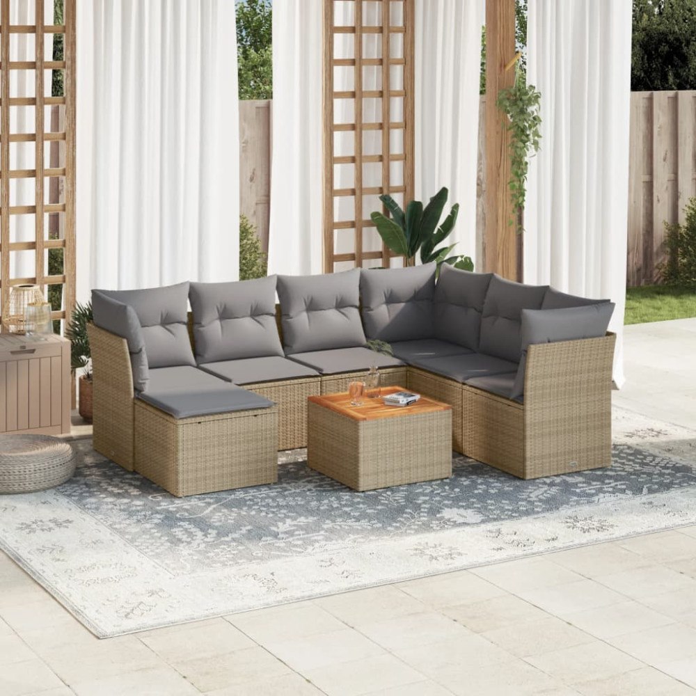 vidaXL Matgrupp för trädgården med dynor 8 delar beige konstrotting