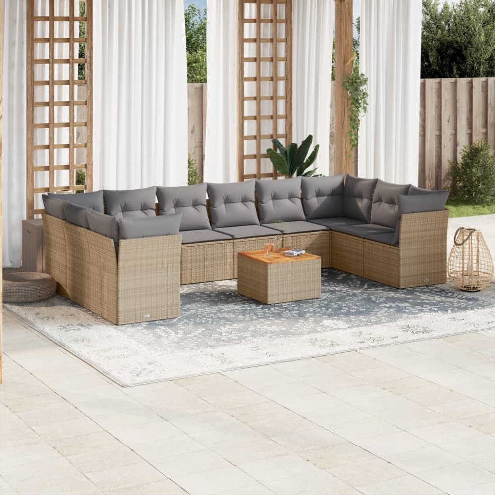 vidaXL Loungegrupp för trädgården m. dynor 11 delar beige konstrotting