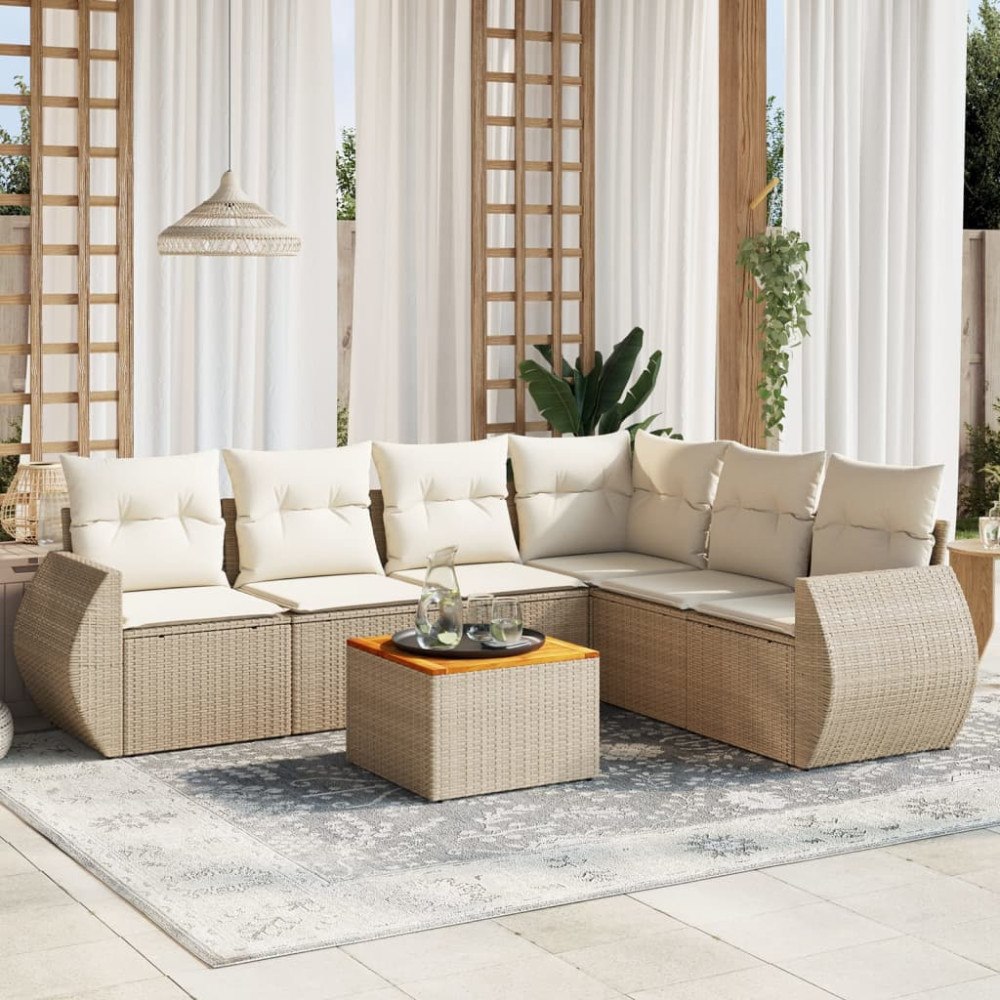 vidaXL Matgrupp för trädgården med dynor 7 delar beige konstrotting