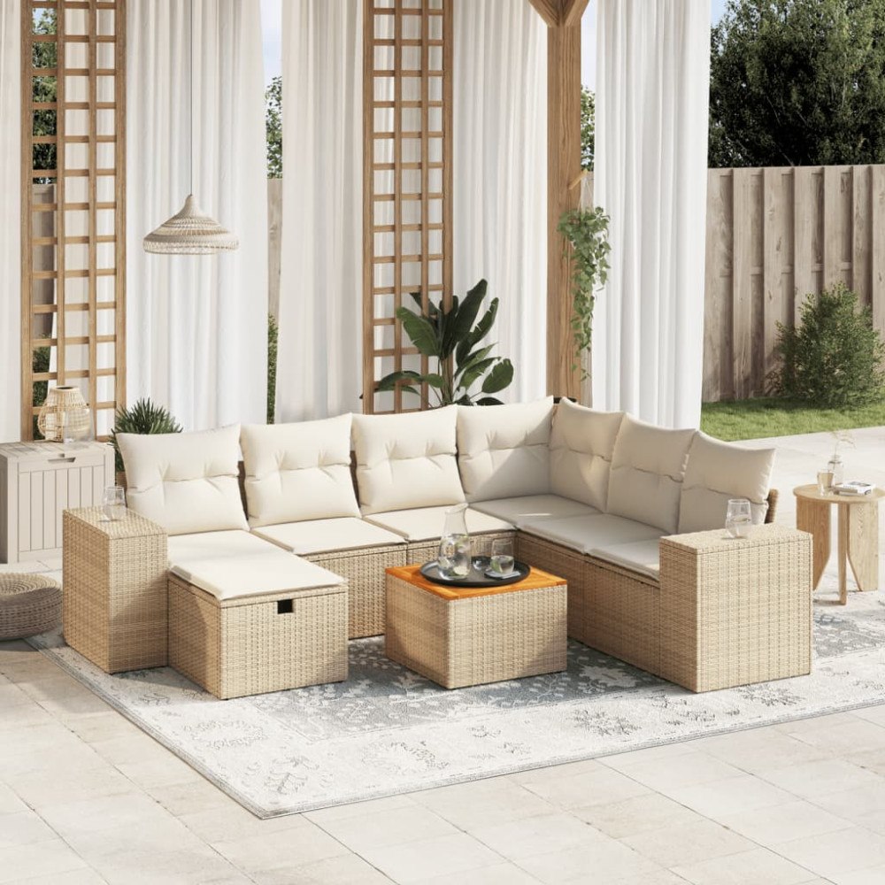 vidaXL Matgrupp för trädgården med dynor 8 delar beige konstrotting
