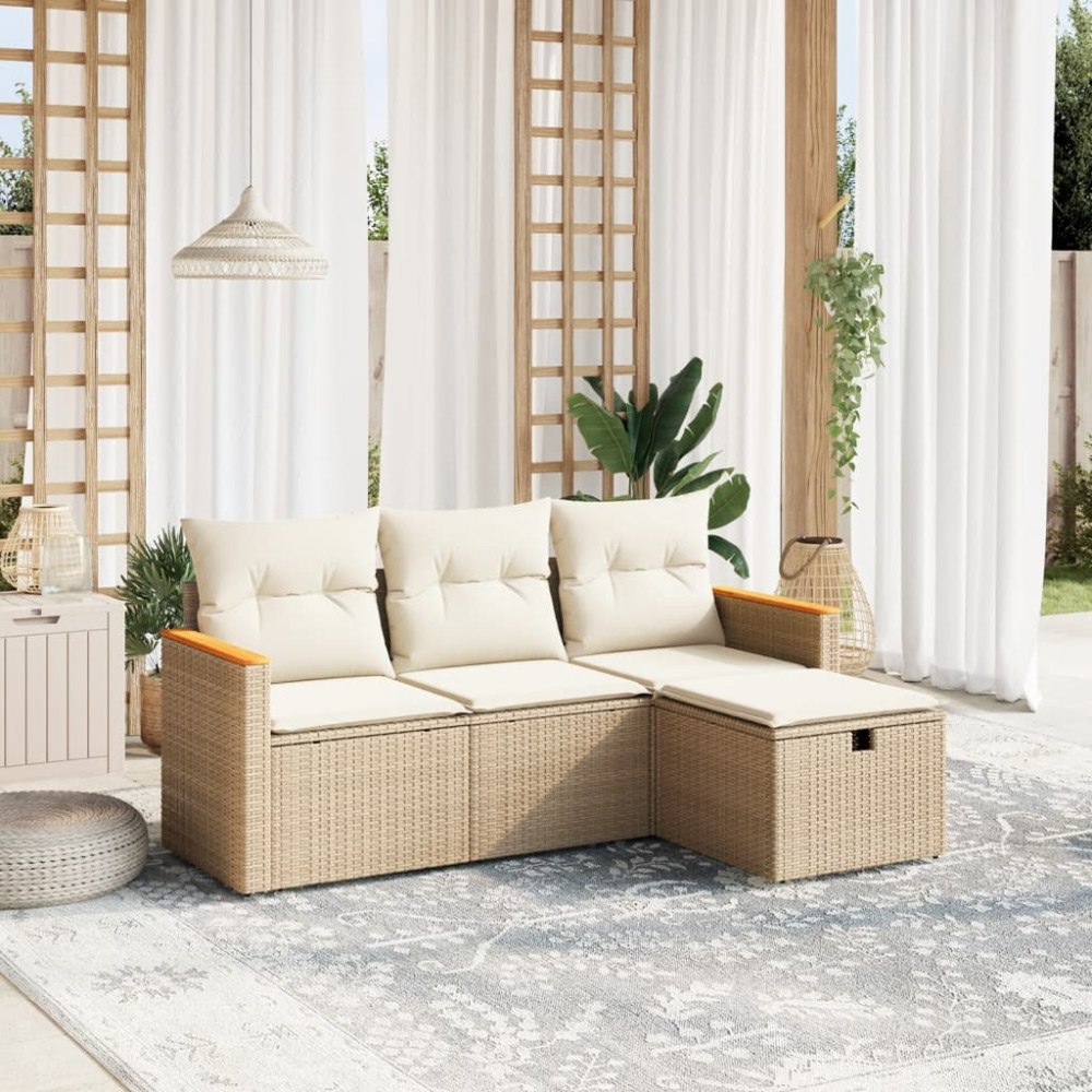 vidaXL Soffgrupp för trädgård med dynor 4 delar beige konstrotting
