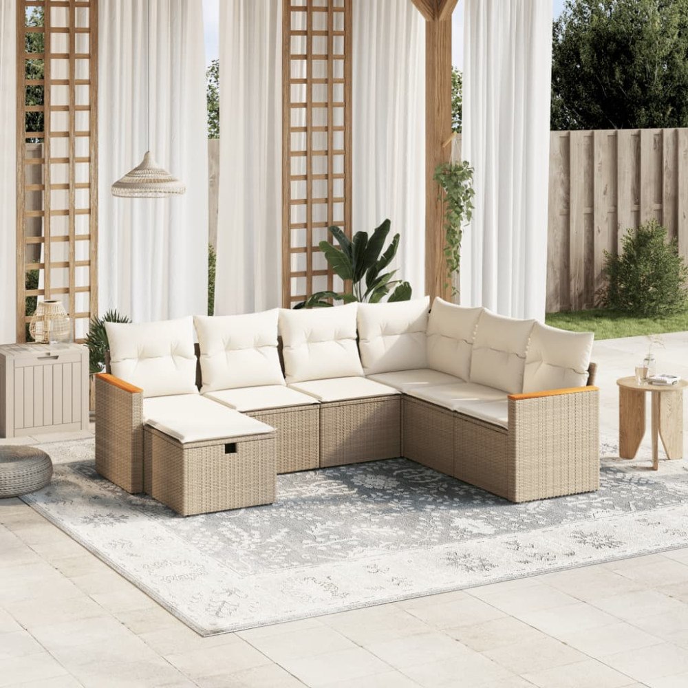 vidaXL Matgrupp för trädgården med dynor 7 delar beige konstrotting