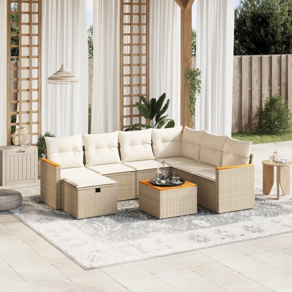 vidaXL Matgrupp för trädgården med dynor 8 delar beige konstrotting