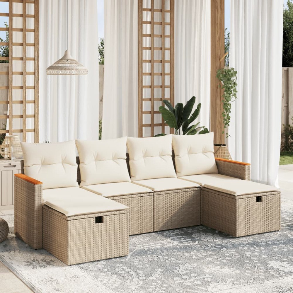 vidaXL Soffgrupp för trädgården med dynor 6 delar beige konstrotting